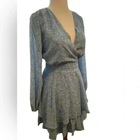 Light Blue with Yellow Floral Japna Long Sleeve Smocked Waist Mini Dress Size L - Picture 4 of 13